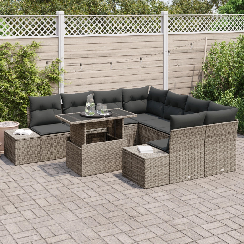Set di divani da giardino 9 pezzi con cuscini grigi in Rattan