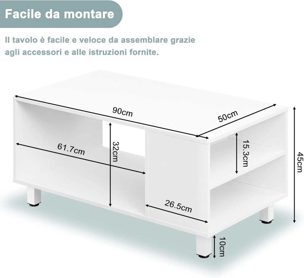 Tavolino con Vano Portaoggetti, Tavolino da Divano con 3 Scomparti, Tavolino da Divano con Gambe in Metallo, per Divano da Salotto, 50 kg Caricabile, 90x50x45 cm, Bianco, BTS23ws