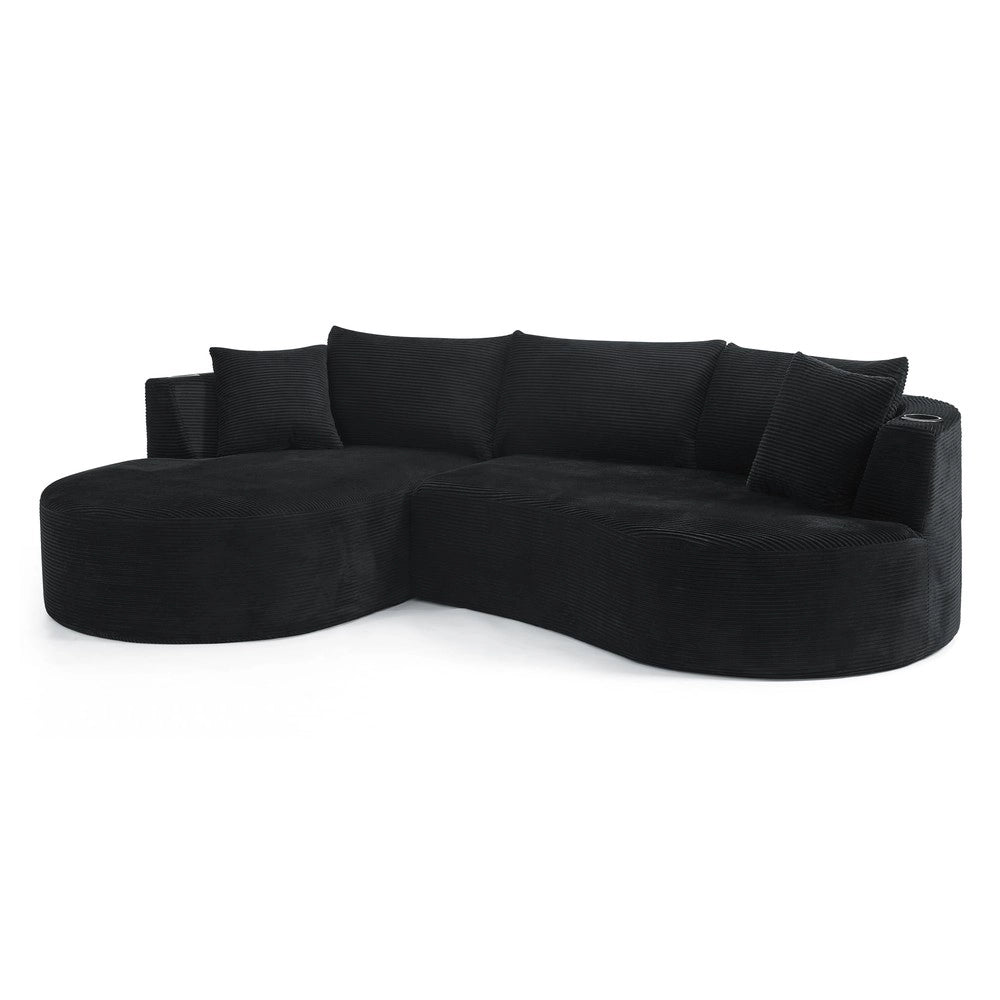 Divano 3 Posti con Chaise Longue e Cuscini ¨C Xylo ¨C Nero, Tessuto a Coste, con Portabicchieri