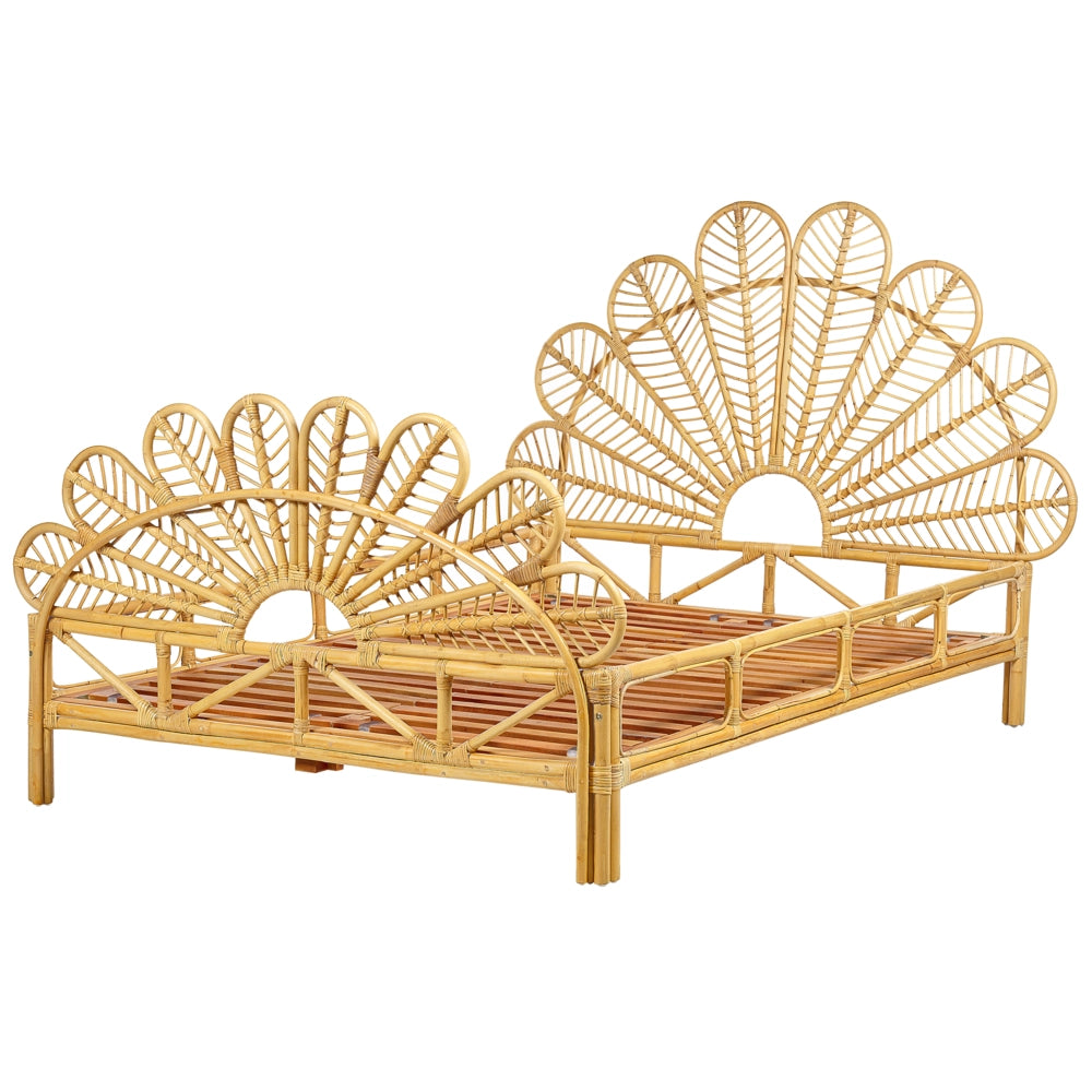 Letto matrimoniale in rattan con rete in legno chiaro  e pannello intrecciato 140 x 200 cm camera da letto stile boho