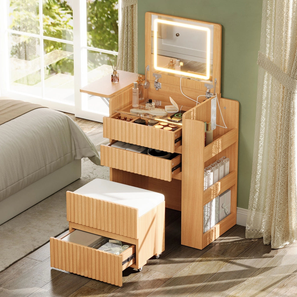 Tavolo da trucco con specchio LED pieghevole, 2 prese, USB e Type-C, sgabello con ruote, 3 cassetti e piano laterale richiudibile, 79 x 120 x 40 cm