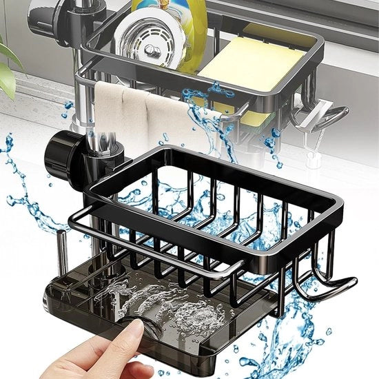 Organizzatore di vasca da bagno in acciaio inossidabile, con sgancio del tubo di scarico, organizzatore da cucina con asse da asciugamani, organizzatore da cucina con organizzatore di scarico, per cucina e bagno (nero)