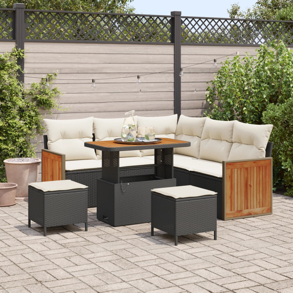 Set Divano da Giardino 8 Pezzi con Cuscini Nero Rattan Polietilene Acacia