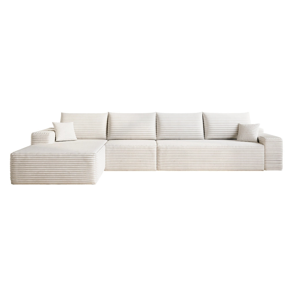 Divano modulare con chaise longue; seduta profonda e montaggio semplice in tessuto a coste bianco