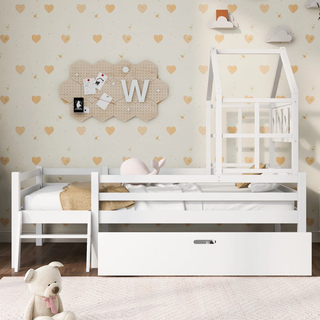 Letto a soppalco per bambini in legno massello con scala e cassetto, 90x200 cm, bianco
