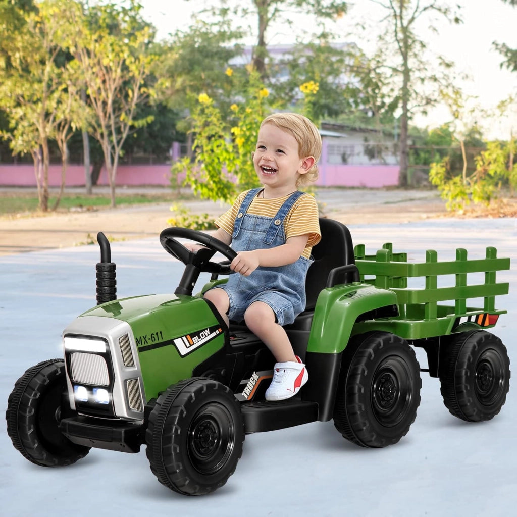 Trattore con Rimorchio Cavalcabile per Bambini 12V, Trattore Elettrico Telecomandato, con Luci e Suoni, 30kg, 3+ Anni (Verde Scuro)
