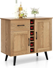 Credenza Cucina Industriale, Cantinetta Vino Legno con 6 Bottiglie di Vino, 2 Scomparti con Anta e Dispositivo Antiribaltamento, Mobile a Buffet, Bar, Naturale, 90 x 40 x 79 cm