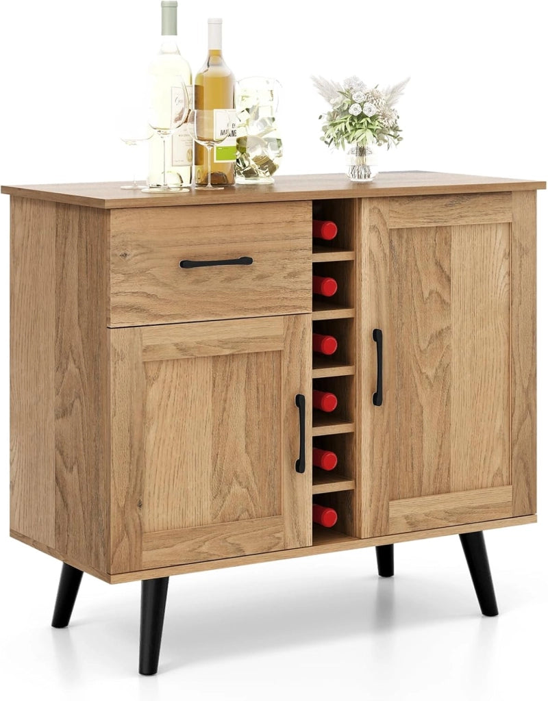 Credenza Cucina Industriale, Cantinetta Vino Legno con 6 Bottiglie di Vino, 2 Scomparti con Anta e Dispositivo Antiribaltamento, Mobile a Buffet, Bar, Naturale, 90 x 40 x 79 cm
