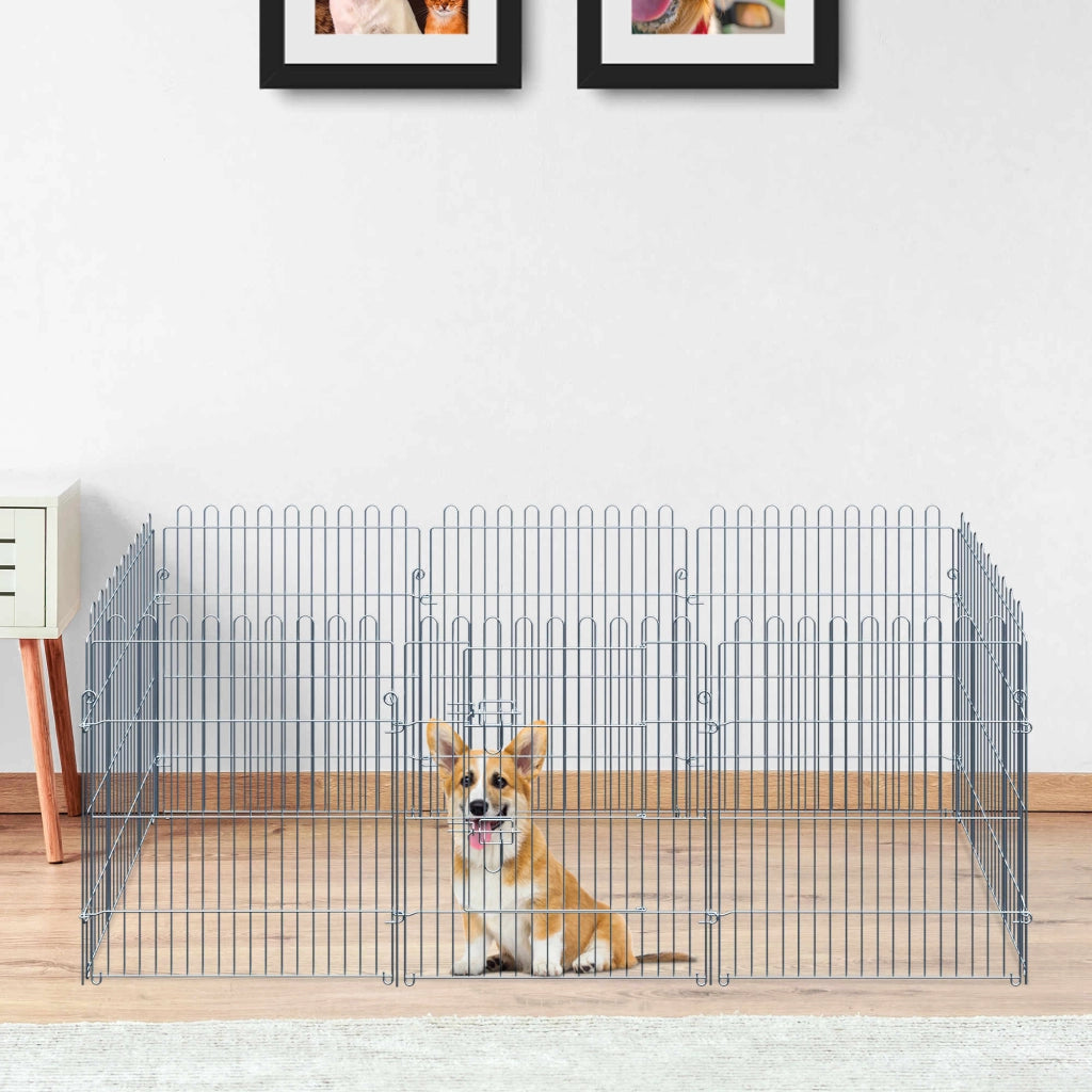 Recinzione decorativa per cuccioli a 8 pannelli con porta e 8 ancoraggi per esterno in acciaio silver 63 × 76 cm