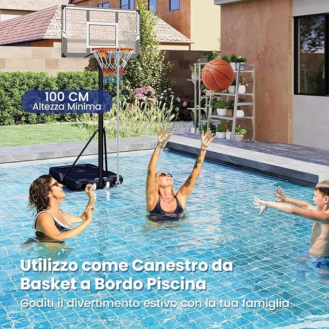 Canestro da Basket da Esterno, Canestro da Basket Portatile e Regolabile in Altezza 1-3M, con Tabellone Antiurto e Ruote per Adolescenti ed Adulti da Giardino, Piscina e Campo