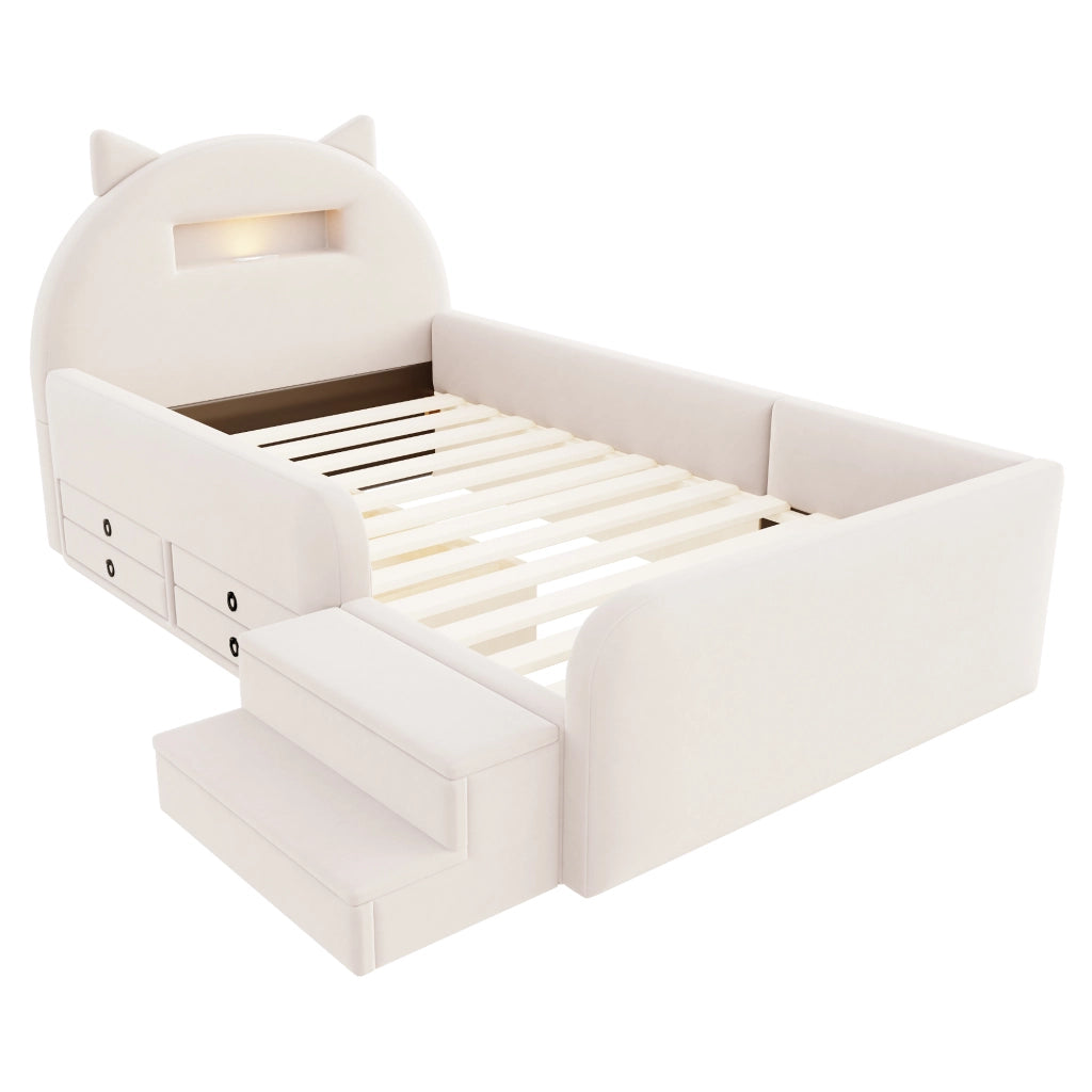 Letto per bambini 90 × 200 cm con testiera a orecchie, 4 cassetti, luce notturna et USB, senza materasso, beige