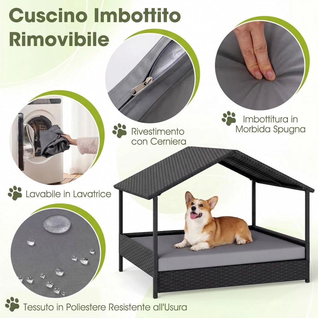 Casetta per Cani da Esterno e Interno, Letto Rialzato in Rattan con Struttura in Metallo, Tetto Impermeabile e Cuscino Rimovibile, per Cani di Taglia Piccola e Media fino a 60 KG (Grigio)
