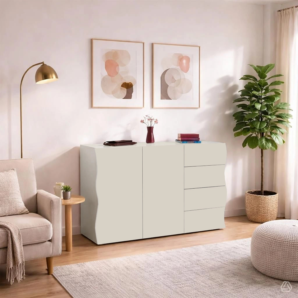 Mobile Multiuso 2 Ante 4 Cassetti Onda 124x40x81 cm Finitura in Melamina Cachemire
