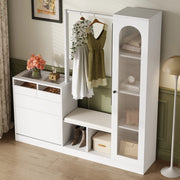 OKWISH Mobile da Ingresso con Vetrina, Panca Scarpiera, Specchio Girevole e LED, Pannello di Particelle, 163 x 50 x 161 cm, Bianco