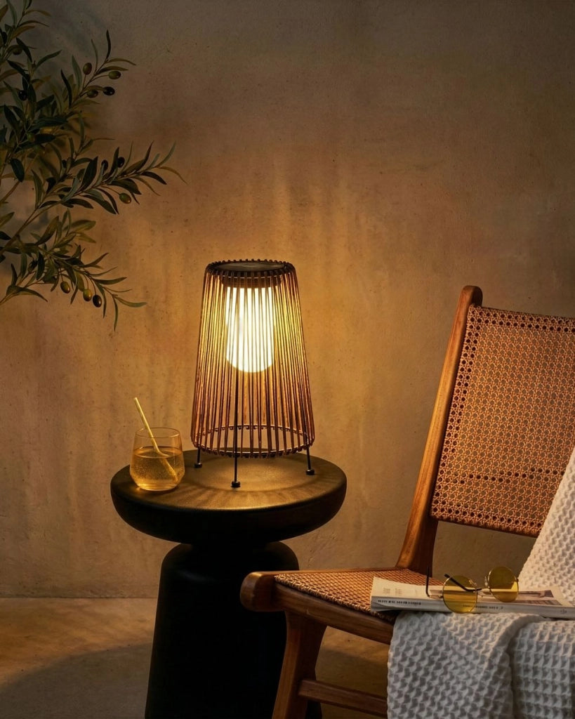 Lanterna solare da giardino Materiale sintetico naturale Paralume intrecciato Base in ferro LED Decorazione da giardino a basso consumo energetico