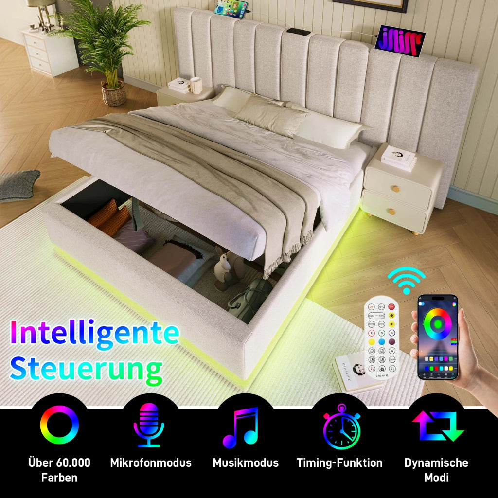 LETTO Contenitore 160x200 cm Beige in lino con LED e ricarica USB-C