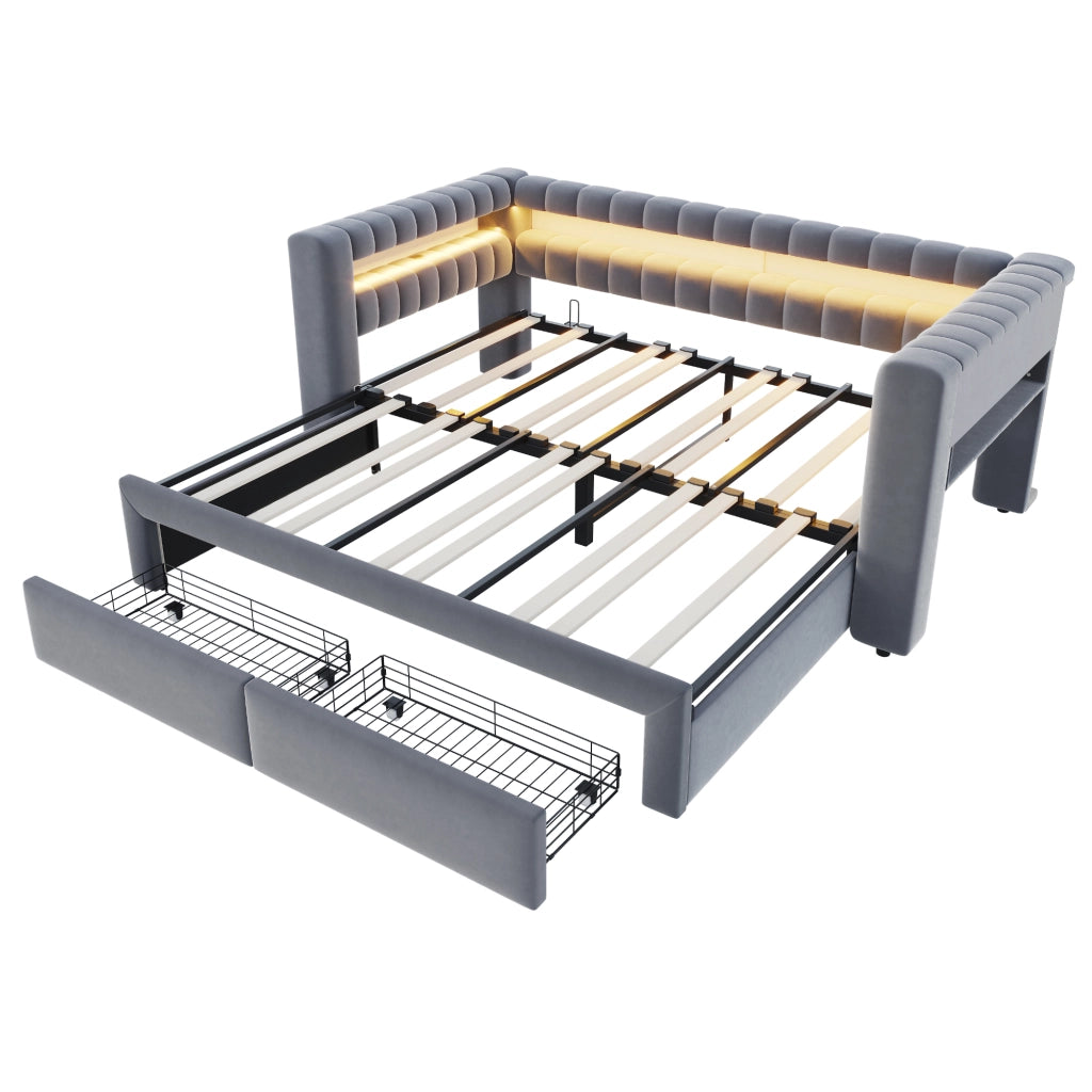Divano letto 90x190 cm con contenitore; LED e USB in velluto grigio
