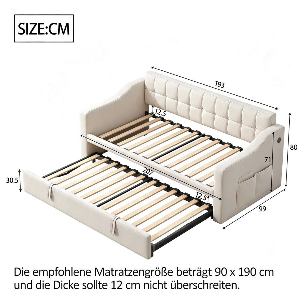 Letto divano estraibile singolo 90 × 190 cm con USB, tessuto velluto, senza materasso, beige per camera ospiti