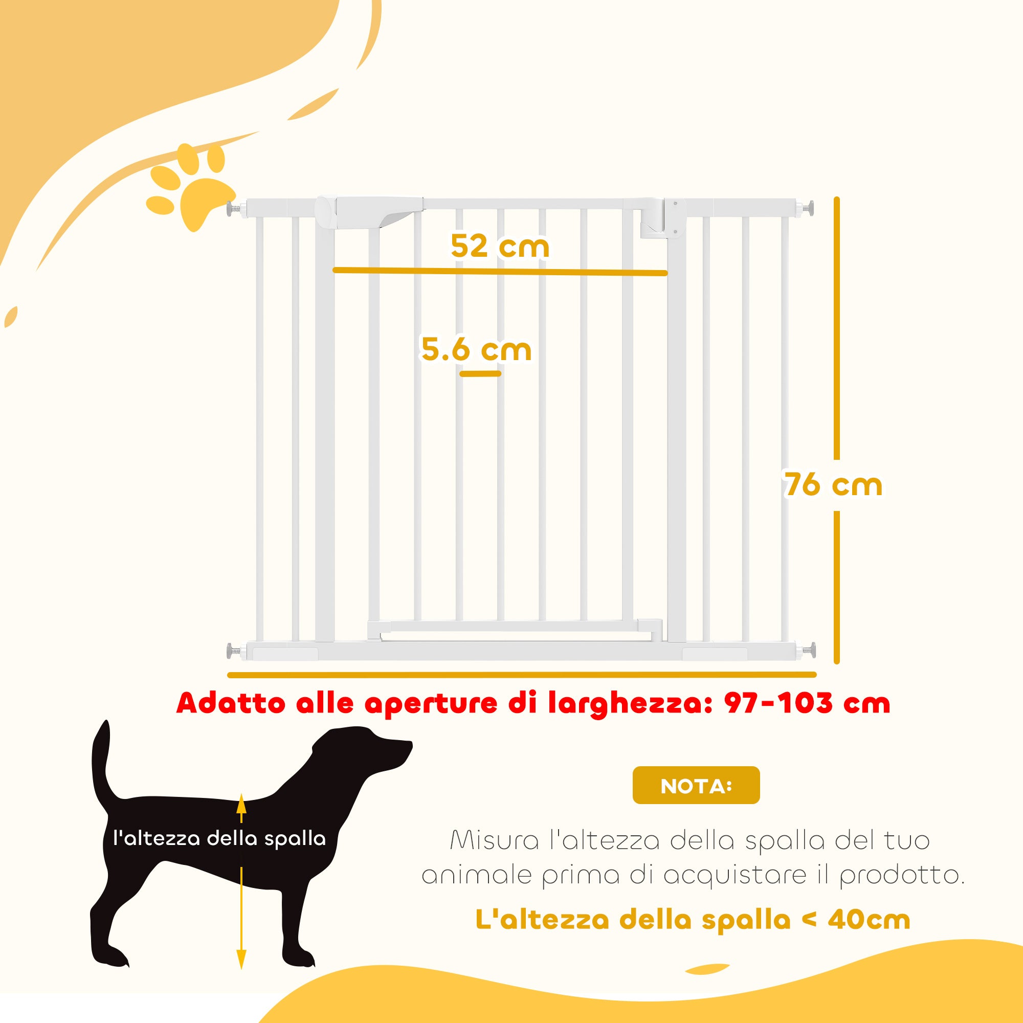Cancello di Sicurezza per Bambini e Animali 76-103x76 cm Chiusura Automatica e Montaggio a Pressione Bianco