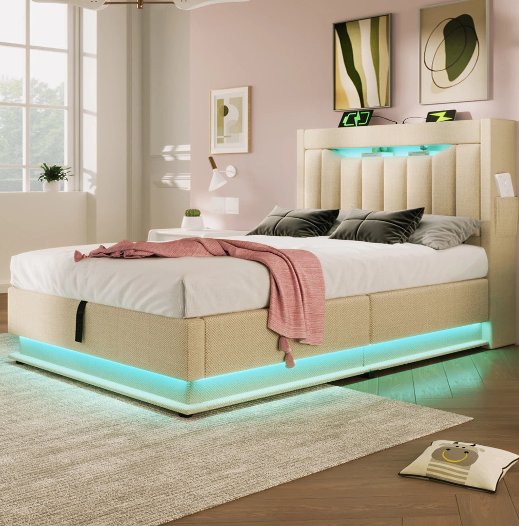 Letto singolo 90x200 cm in lino beige con LED; testiera con ricarica USB e Type-C; contenitore