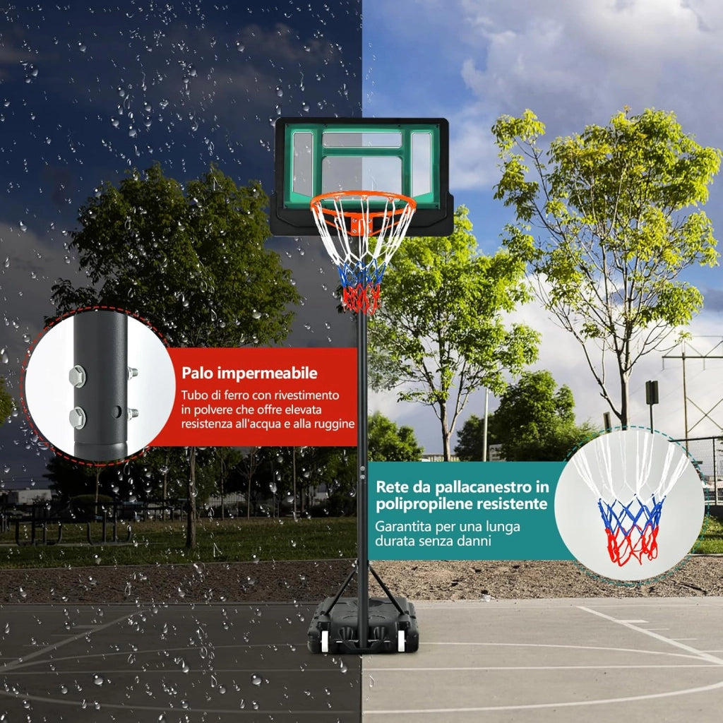 Canestro Basket da Interno ed Esterno Portatile e Regolabile in Altezza 90-210cm, Canestro da Basket per Bambini con Ruote, Incavo per Pallone e Tabellone Infrangibile