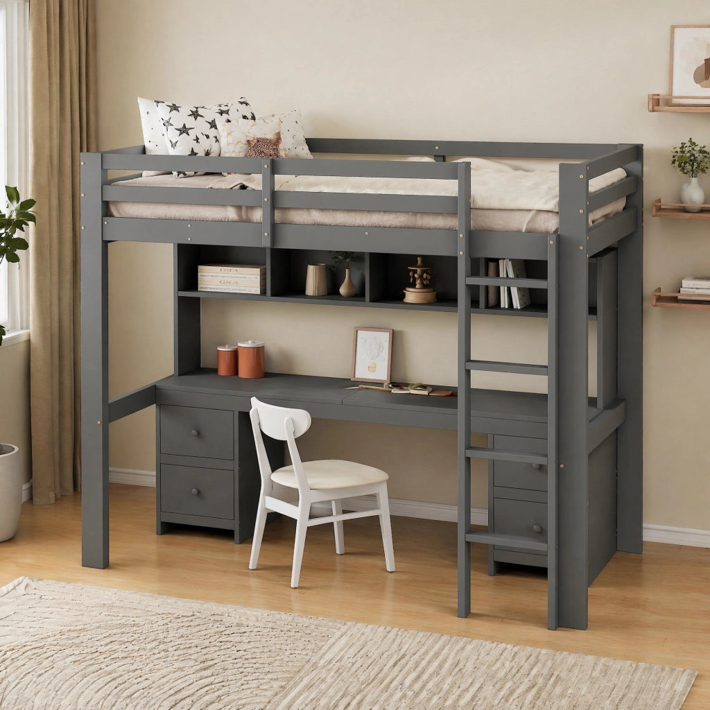 Letto a soppalco ULEVR 90x200 cm con scrivania, 4 cassetti e 4 vani, grigio