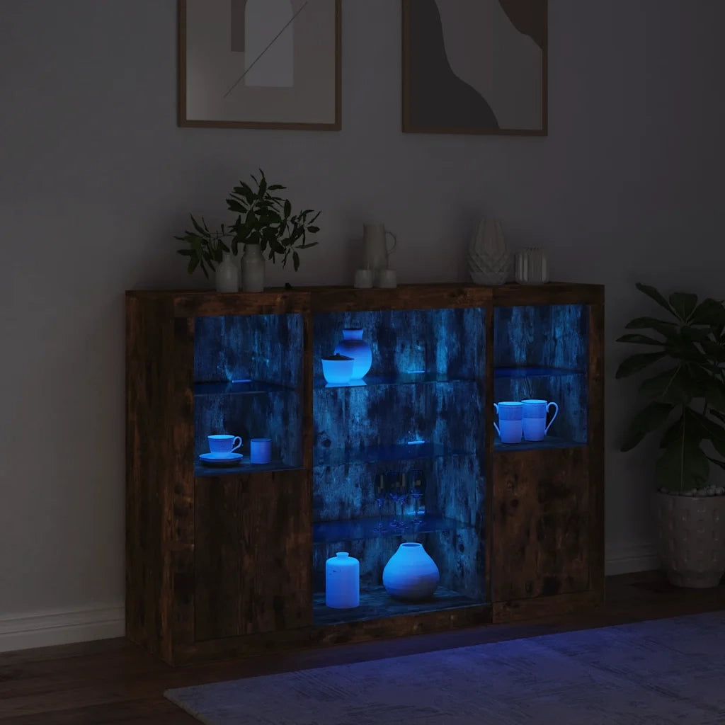 Credenze con Luci LED 3 pz | Madia | Buffet da pranzo | Armadio da pranzo Rovere Fumo in Legno Multistrato