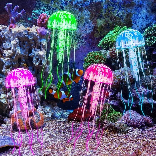 Set di decorazioni per acquario in silicone con effetto di luce - 4 elementi - con zuignap - dimensioni 5cm/13cm