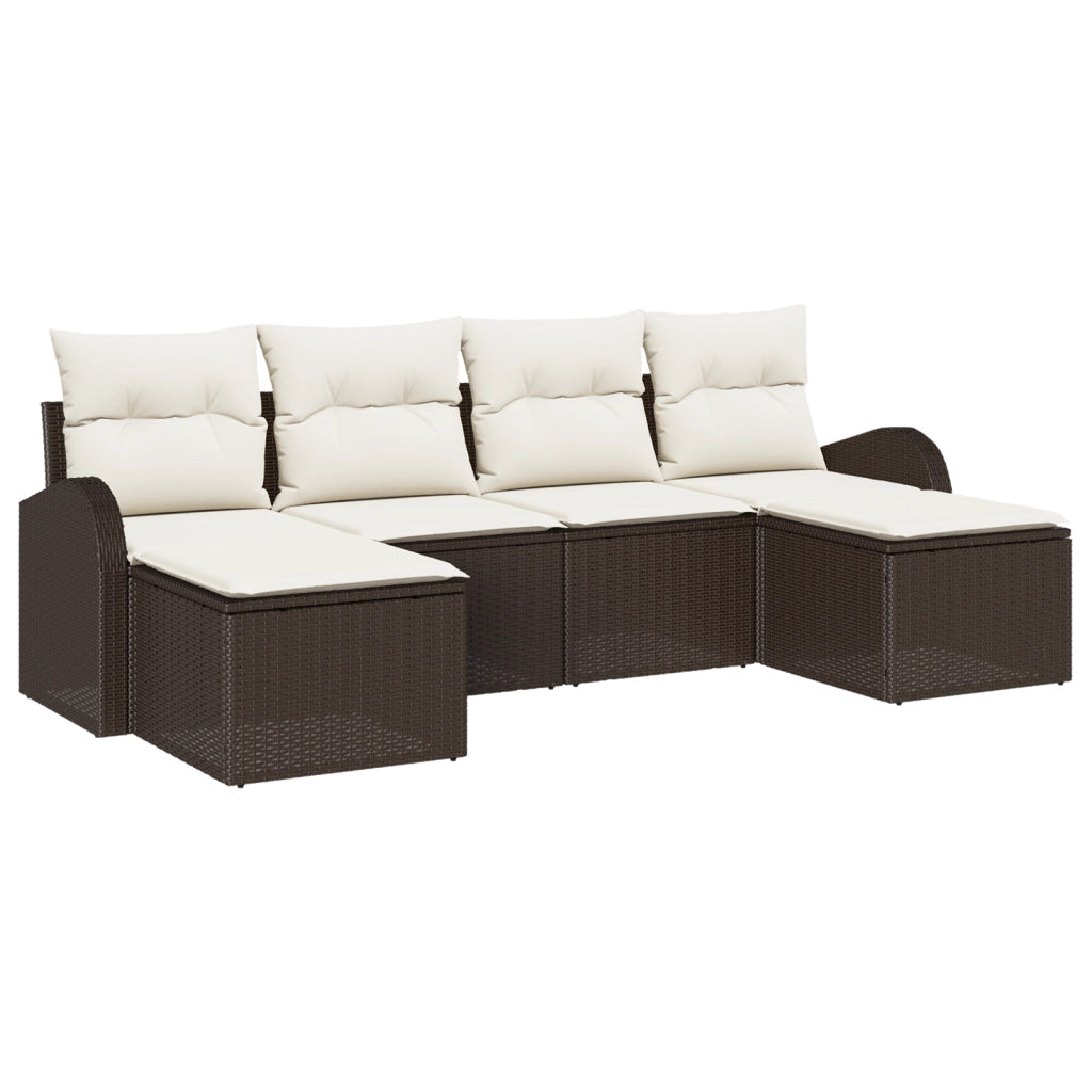 Set Divano da Giardino 6 Pezzi con Cuscini Marrone Polirattan
