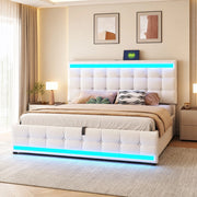 DESMIU Letto Imbottito 180 × 200 cm 2 posti con USB, LED regolabile e testiera regolabile, senza materasso, beige