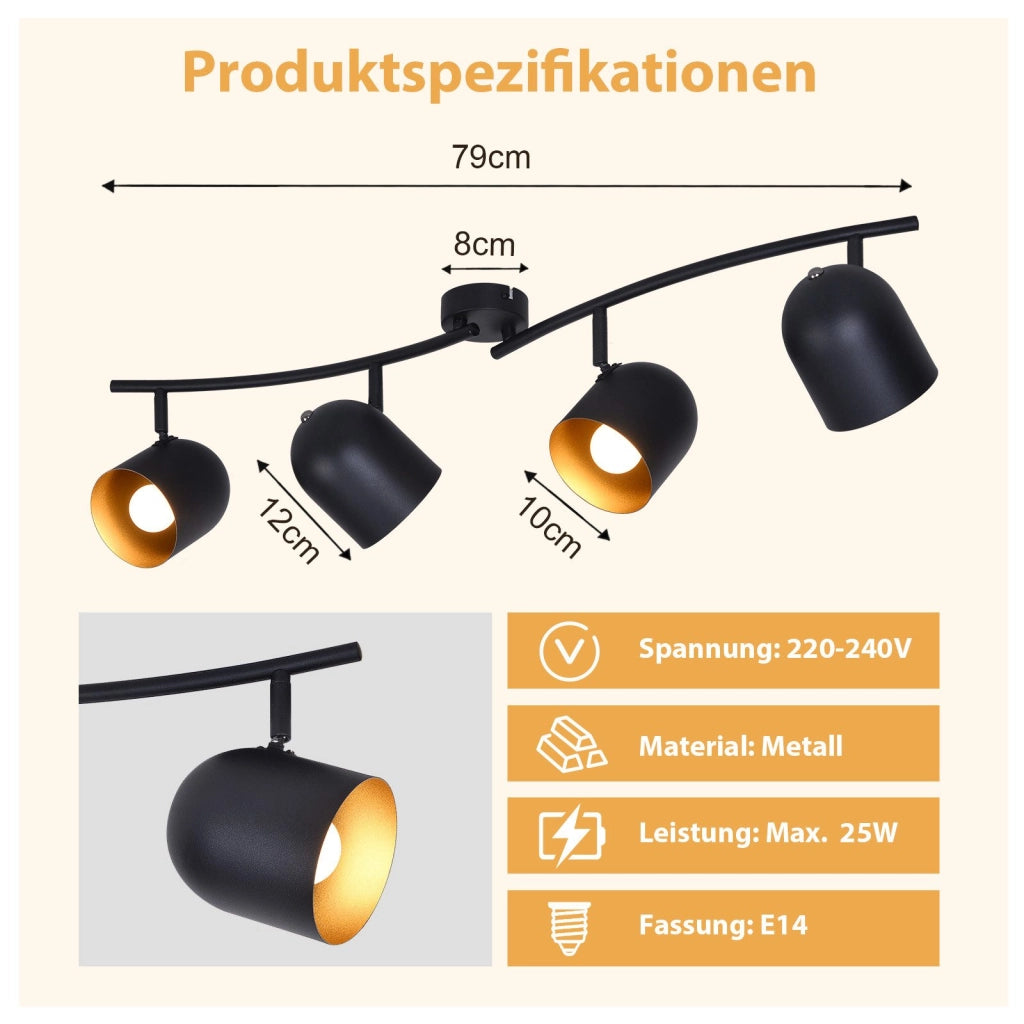 ZMH Faretto da soffitto 4 fiamme nero oro E14 lampada da soffitto girevole 350° soggiorno
