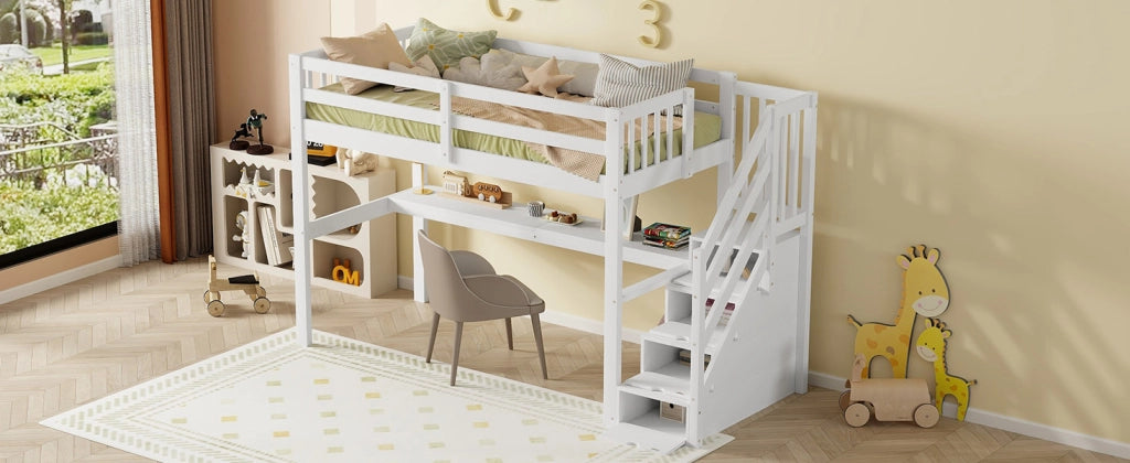 DESMIU Letto a Soppalco 1 Posto con Contenitore, Scrivania e Scala 90 × 200 cm, Senza Materasso, Bianco