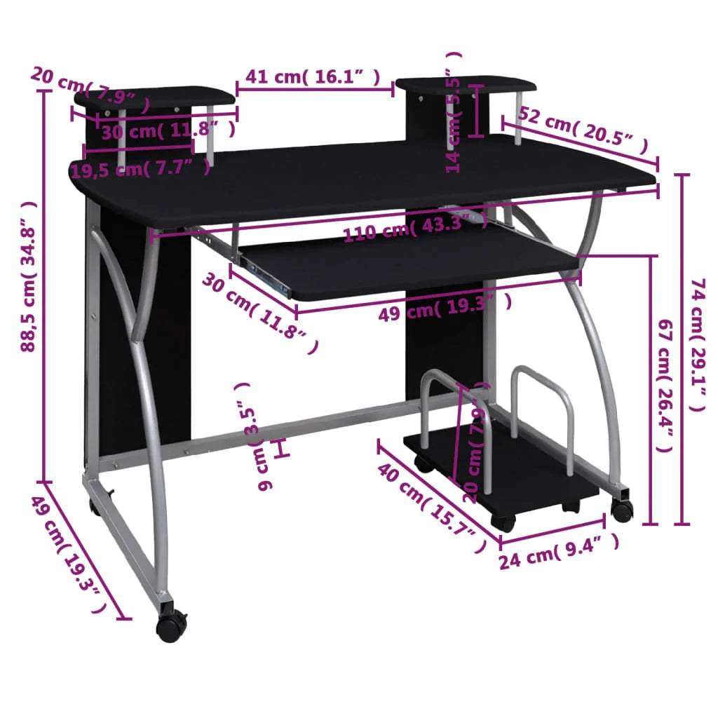Scrivania per computer postazione di lavoro mobile per computer studio per computer 110 x 52 x 88,5 cm legno ingegnerizzato nero 02_0023743