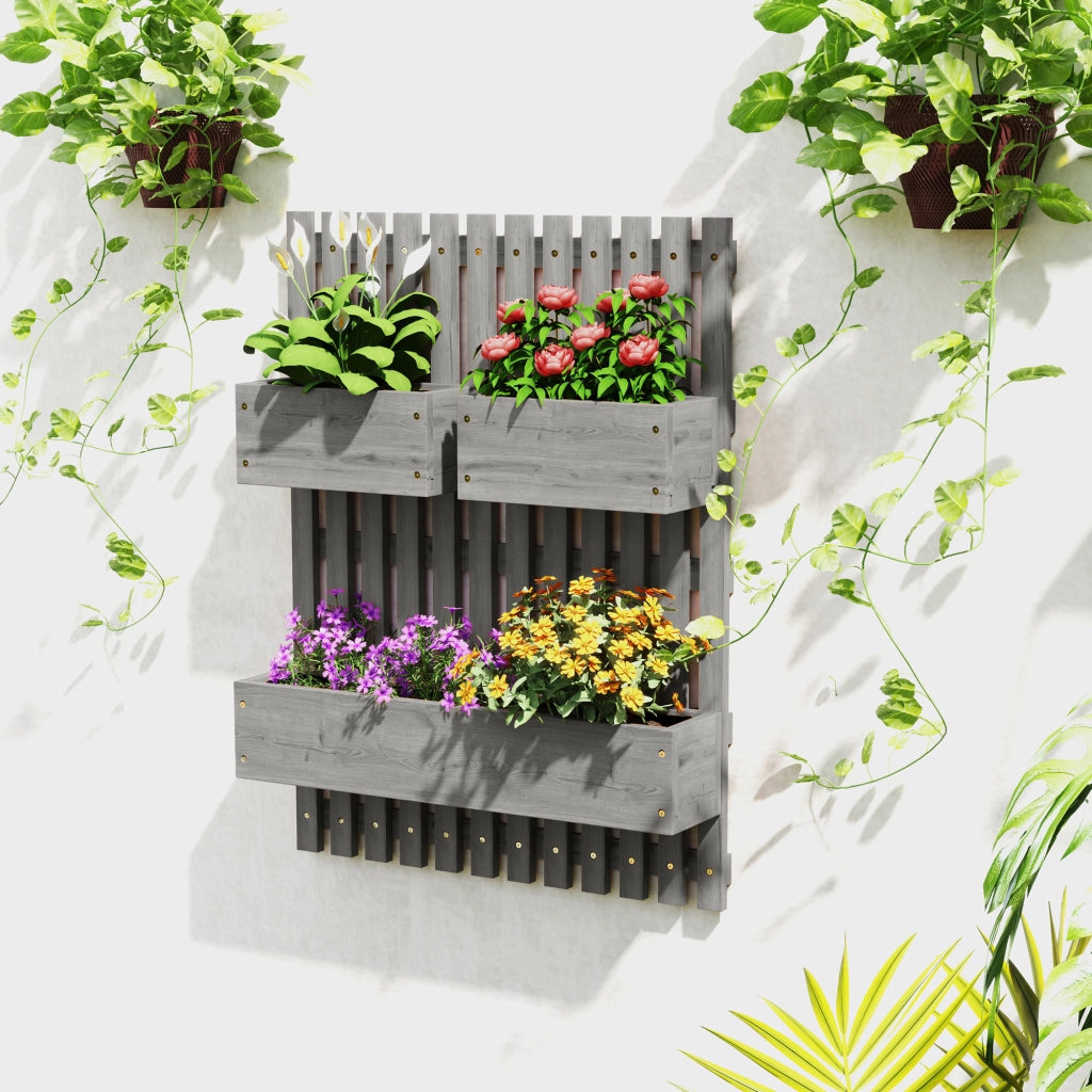 Fioriera verticale da parete con 3 cassette in legno massello ¨C Xylo ¨C Grigio 60x16x80 cm