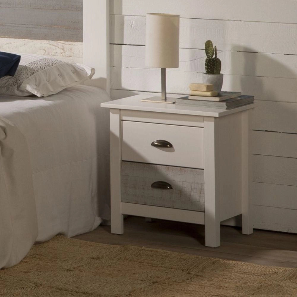 Comodino in legno massiccio bianco e grigio Romantica 46x35x49,5H – Eleganza Naturale con 2 cassetti