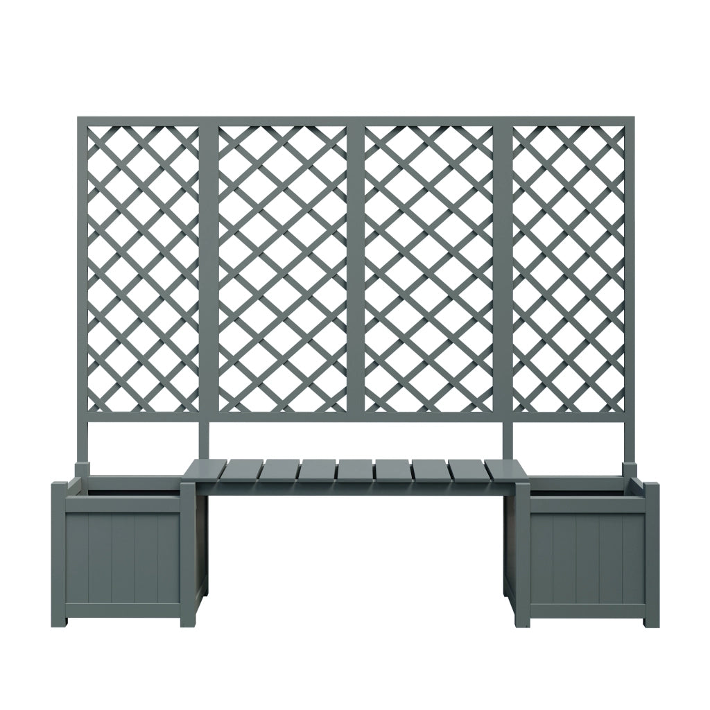 Panca da giardino con fioriera e traliccio in legno grigio con seduta per terrazza e balcone