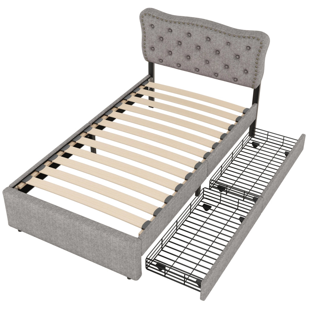 LETTO imbottito 90x200 cm con 2 cassetti in MDF e lino grigio