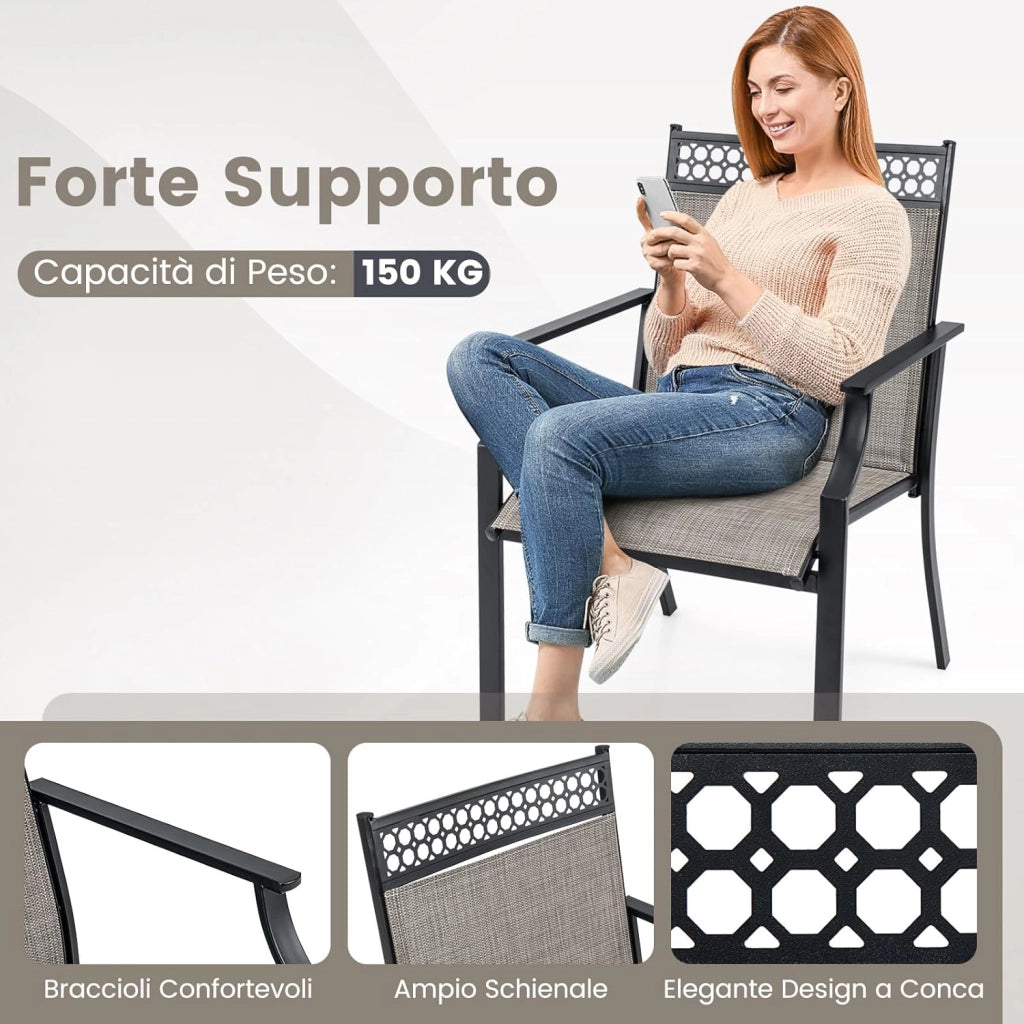 Set di 2 Sedie da Giardino in Textilene, Sedie da Esterno con Schienale Alto, Braccioli, Robusto Telaio in Metallo, Fino a 150 kg, per Patio Terrazza Balcone (Caffè + Nero)