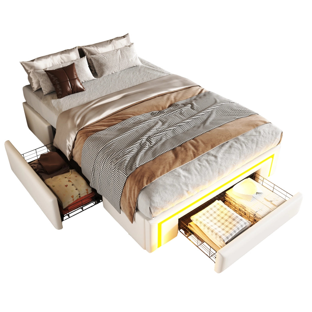 Letto imbottito 90x200 cm in PU con cassetti, LED RGB, struttura in metallo, bianco