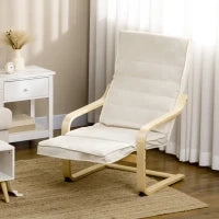 Poltrona Relax con Poggiapiedi a 5 Livelli e Poggiatesta, Legno di Betulla e Tessuto, 66,5x94x100 cm, Crema