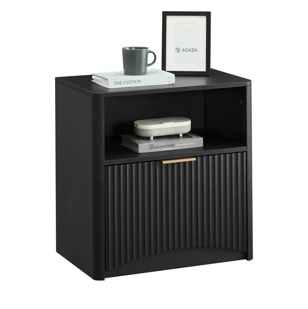 Comodino 58 x 38 x 60 cm nero in truciolato e metallo con vano e cassetto