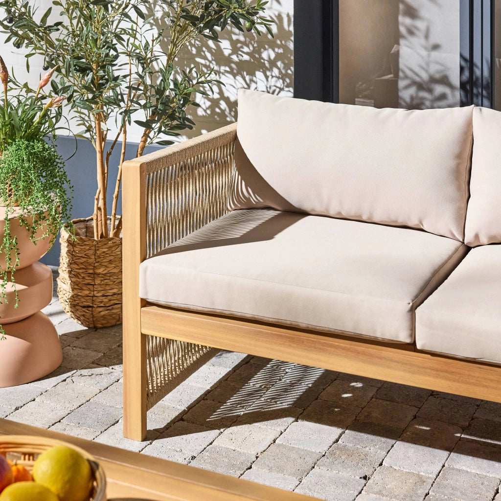 Salotto da giardino angolare in legno di acacia e corda, 4 posti,