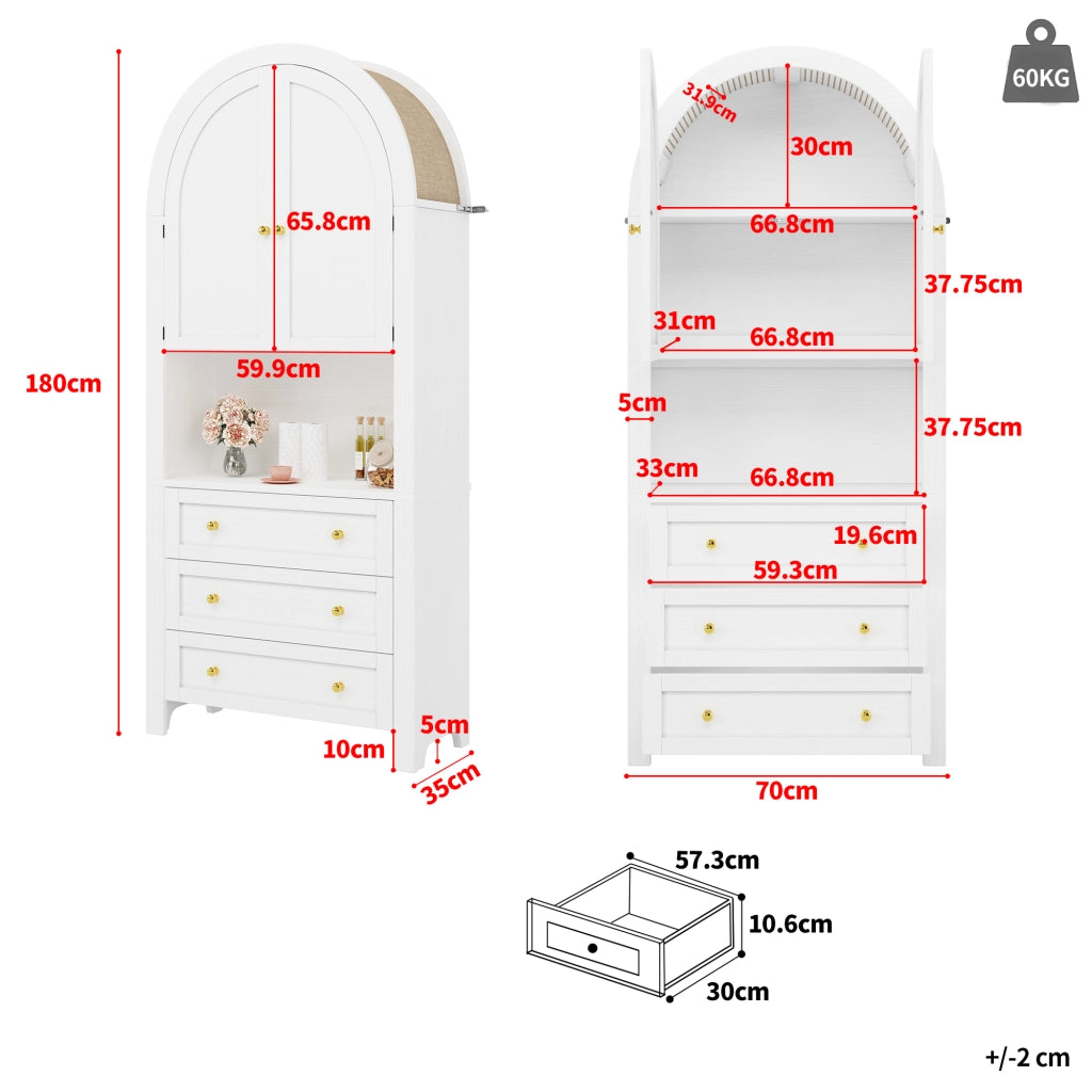 Armadio Contenitore con 2 Ante; 3 Cassetti e Vano a Giorno; Stile Moderno; in MDF; 70??35??180 cm; Bianco