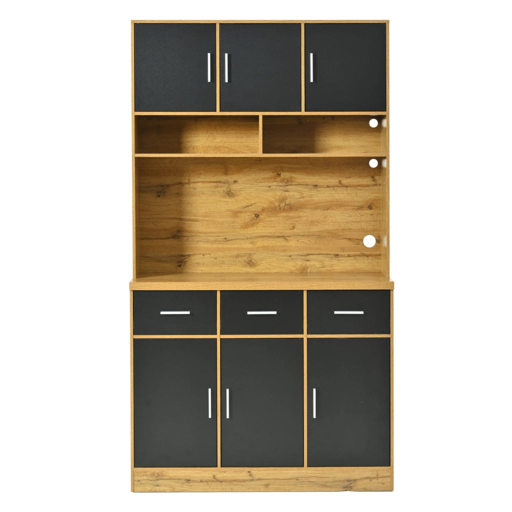 Credenza da Cucina Alta con 6 Ante; 3 Cassetti; Ripiani Regolabili; LED e Prese; in MDF; 100 x 40 x 180 cm; Naturale Nero