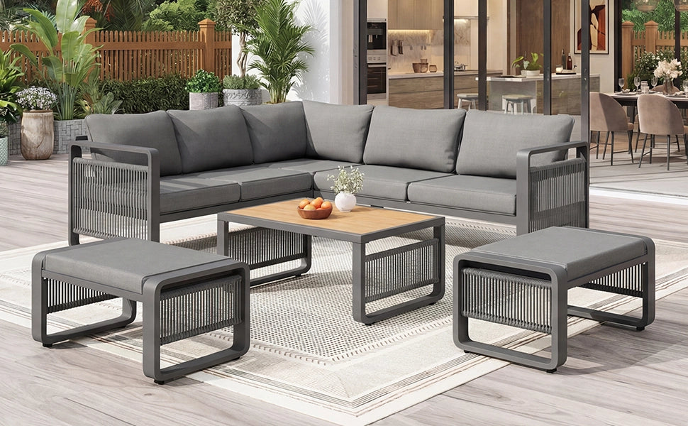 Set poltrona per mobili da giardino set per 6-7 persone divano da giardino in corda intrecciata a mano set d'angolo e poltrona impermeabile in ferro con cuscini morbidi per sedile e schienale gambe regolabili grigio