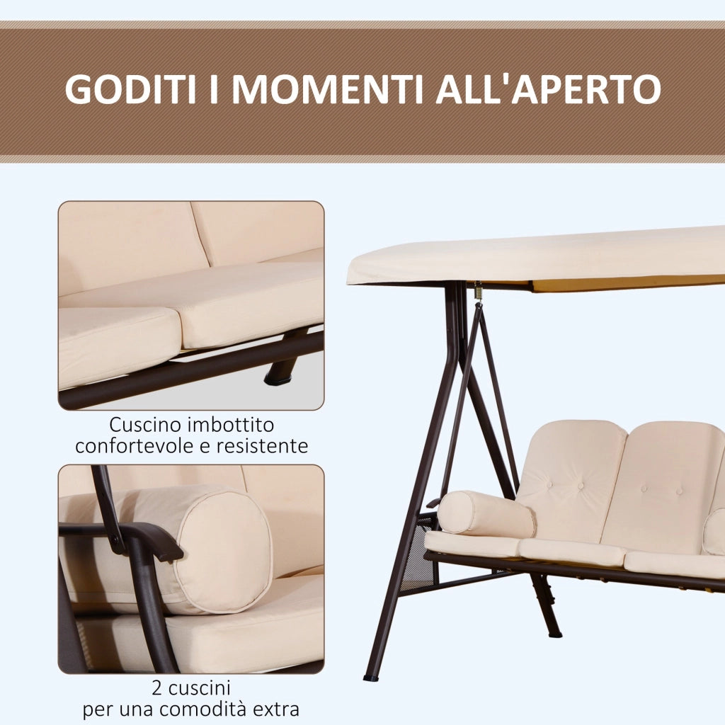 Dondolo da Giardino 3 Posti 208x121x172 cm Tetto Regolabile, Portabicchieri e Cuscini Beige