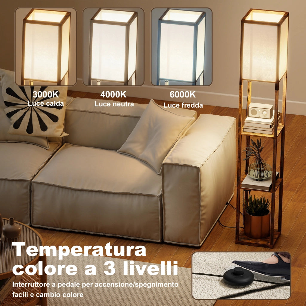 Lampada da Terra 26x26x160 cm Struttura con Ripiani Luce Regolabile Interruttore a Pedale e Porte USB in MDF Marrone