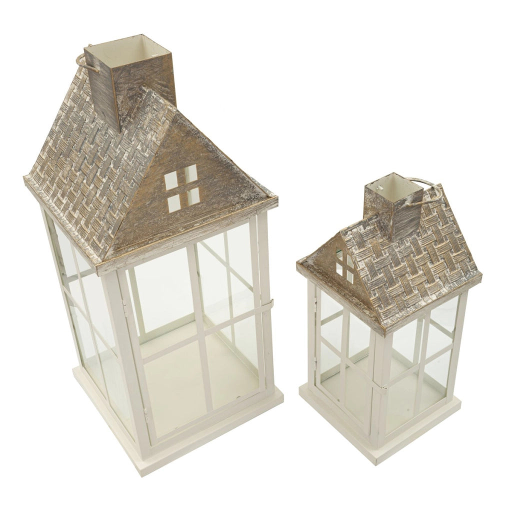Set di due lanterne Home in legno e metallo con tetto spiovente