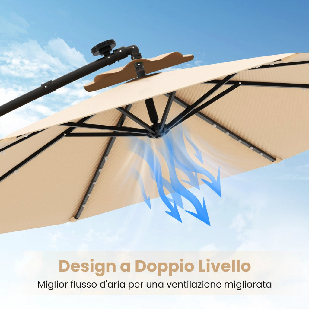 Ombrellone da 300 cm con supporto e luci LED, ombrellone a braccio con manovella, ombrellone da giardino, protezione UV, ombrellone da mercato, ombrellone da patio per giardino, piscina, terrazzo, beige
