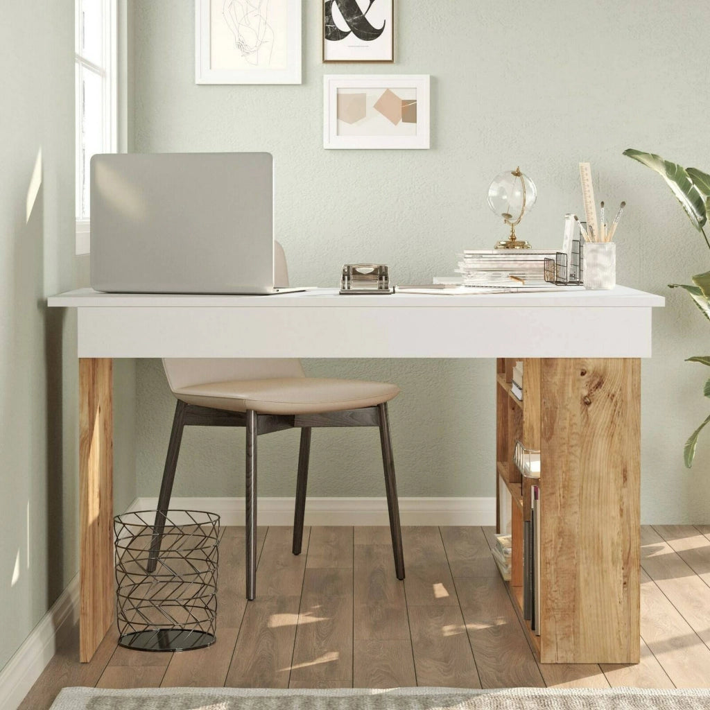 Scrivania Altin, Scrittoio multiuso, Tavolo per ufficio porta PC, Piano di lavoro, 129x120h72 cm, Quercia e Bianco